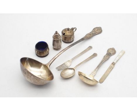 A collection of silver including a Victorian silver Queens pattern soup ladle, by Elizabeth Eaton, London 1853, a William IV 
