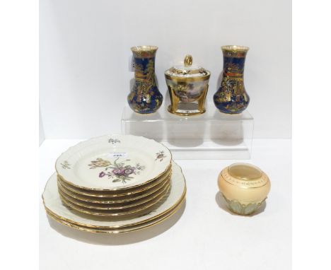 Five Royal Copenhagen Frijsenborg pattern plates, no 1624 and two larger examples, no 1864, a Royal Worcester posy pot, shape