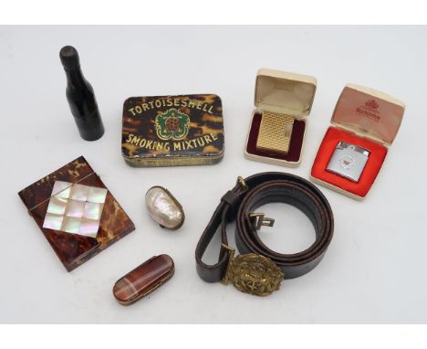 An interesting selection of collectable odds, including a Victorian tortoiseshell and mother-of-pearl card case, gold-plated 