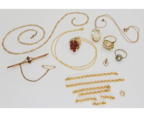 A 9ct citrine ring, set at an angle, a 9ct garnet and seed pearl bar brooch, 9ct mounted citrine pendant on chain, 9ct chain,