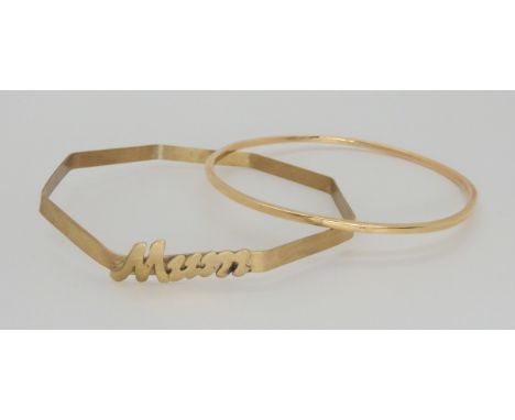 Two 9ct gold bangles, inner diameter round 7.2cm, hexagonal, 7cm, weight together 23.3gms&nbsp;&nbsp; Condition Report:Availa