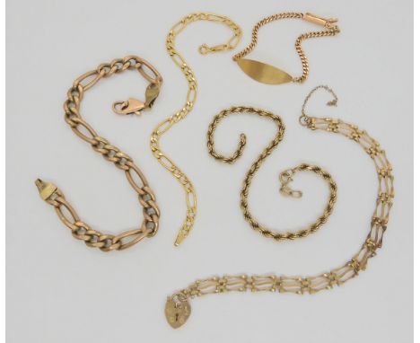 An 18ct gold Child's identity bracelet, weight 5.1gms, a 9ct figaro link bracelet length 18cm, and three further bracelets in