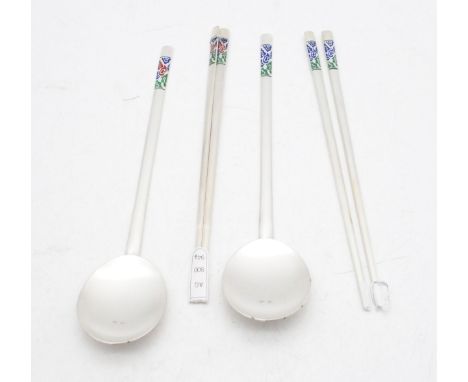 A cased set of Chinese silver rice spoon and chopstick sets, with enamel cloud decoration, 190gms Condition Report:Available 