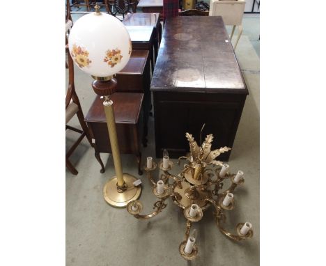 A 20th century brass six branch rococo style chandelier and glass shaded standard (2) Condition Report:Available upon request