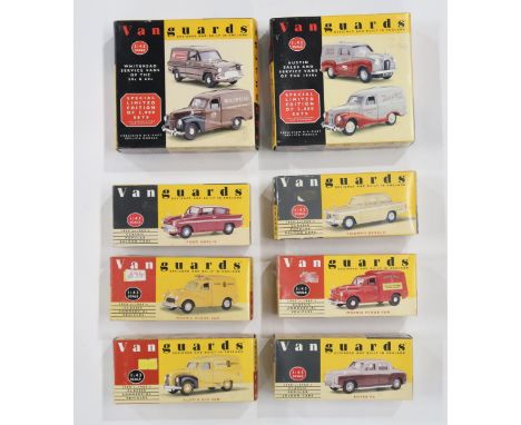 A collection of Vanguard 1:43 scale model cars and vans, including a Special Limited Edition Austin Sales and Service Vans of