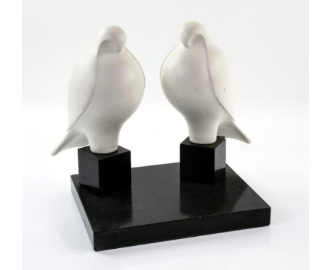 K B Sturgess,  pair of white marble doves, signed on foot, on polished slate marble bases, 31cm Provenance: Part of  single o