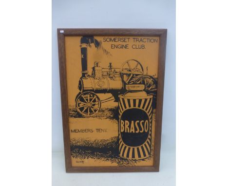 A Somerset Traction Engine Club pictorial advertisement depicting a steaming engine and a can of Brasso to the foreground, si