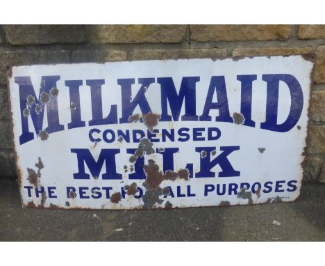A Milkmaid Condensed Milk 'the best for all purposes' rectangular enamel sign by Chromo, 48 x 12".