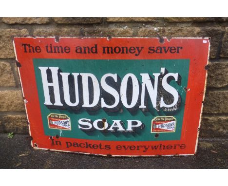 A Hudson's Soap 'In packets everywhere' rectangular enamel sign, 36 x 24". 
