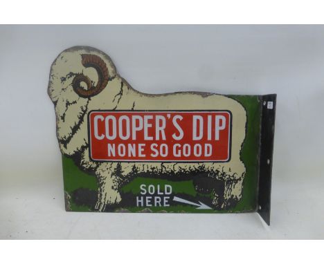 A very rare Cooper's sheep dip pictorial die-cut double sided enamel sign with re-attached hanging flange, 13 1/4 x 10 1/2".