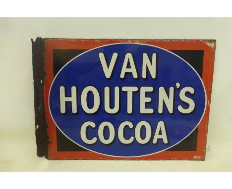 A Van Houten's Cocoa double sided enamel sign with hanging flange, with excellent gloss, 16 x 12". 