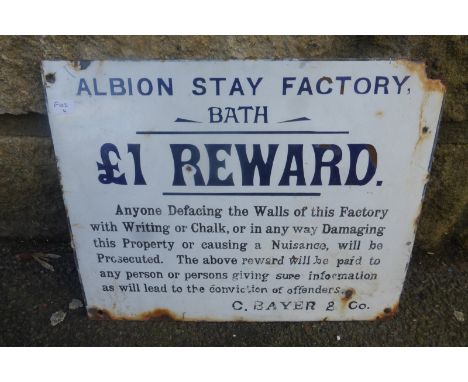 An Albion Stay Factory of Bath '£1 Reward' enamel sign, 12 x 9 1/2".