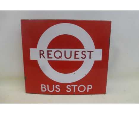 A London Transport 1970s Bus Stop Request flag shaped enamel sign, 18 x 15 1/2".