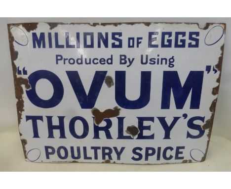 An Ovum Thorley's Poultry Spice rectangular enamel sign by Patent Enamel, 32 x 23". 