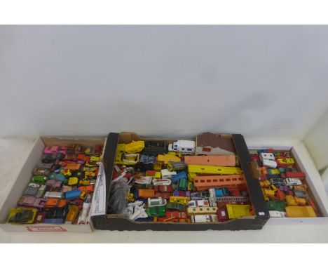 Three boxes of mixed die-cast models including Lesney, Dinky and Corgi.