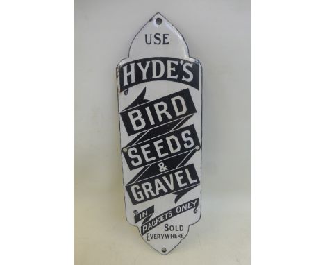 A Hyde's Bird Seeds and Gravel enamel finger plate, with some restoration, 3 1/4 x 10".