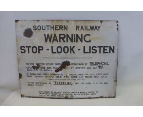 A Southern Railway 'Warning Stop-Look-Listen' rectangular enamel sign, 28 1/2 x 22 1/2".