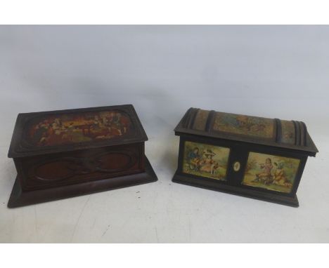 A McFarlane, Lang & Co's Biscuits and Cakes tin of Art Nouveau design with a scene to the lid titled 'Mozart' and one other d