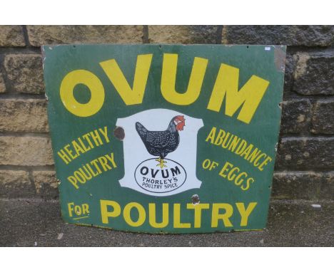 A good Ovum Poultry part pictorial enamel sign depicting a cockerel to the centre, by Wood and Penfold, 32 x 27". 