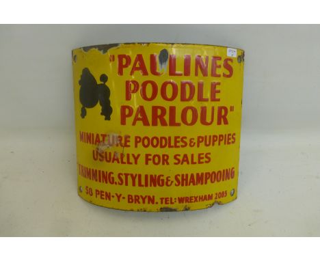 A "Paulines Poodle Parlour" part pictorial curved enamel sign advertising their services, 9 x 8".