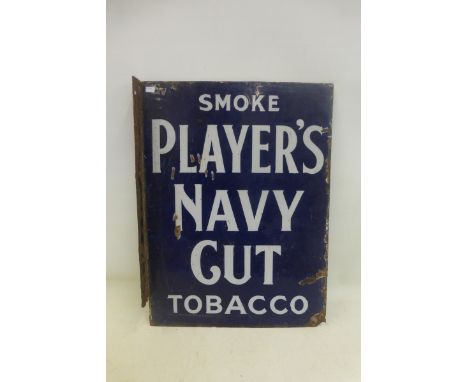 A Player's Navy Cut Tobacco double sided enamel sign with hanging flange and the sailor image to the reverse, 15 1/4 x 20". 