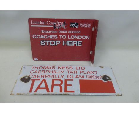 A London Coaches 'Stop Here' double sided aluminium sign with hanging flange, 12 x 8 1/4" and a Thomas Ness Ltd Caerphilly Ta