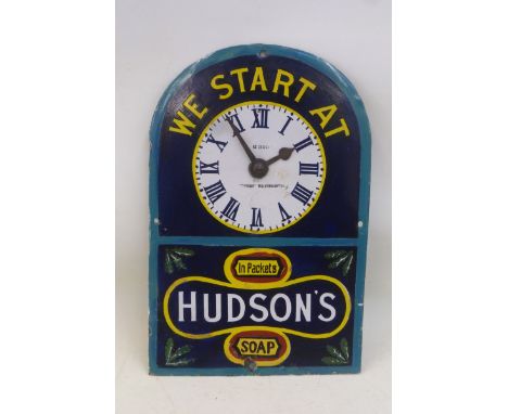 A Hudson's Soap enamel clock by Chromo of small size, with some restoration, 7 x 10 3/4".