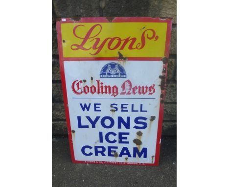 A Lyons' Cooling News Lyons Ice Cream enamel sign, 22 1/2 x 34 1/2".