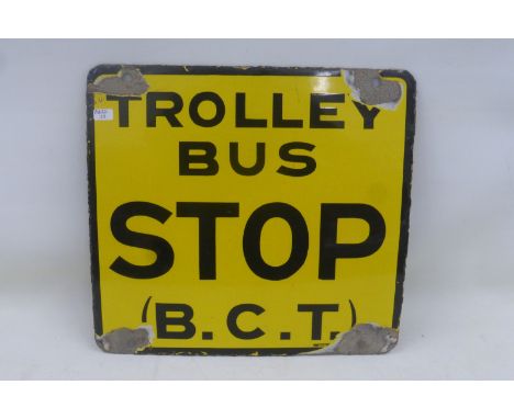 A Bournmouth Corporation Transport Trolley Bus Stop enamel sign by Protector, 12 x 11 1/4".