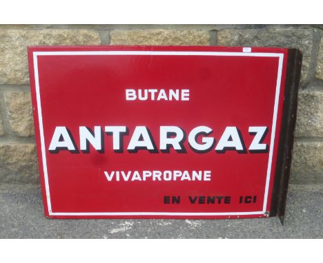 An "Antargaz Butane Vivapropane" double sided enamel sign with hanging flange, in excellent condition, 24 x 17 3/4".