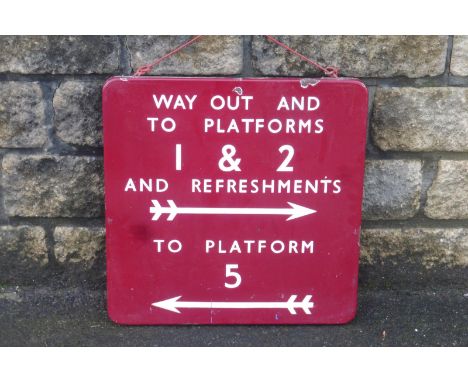 A London Midland Region railway enamel sign, 'Way Out and To Platforms 1 & 2 and Refreshments', 20 x 20".