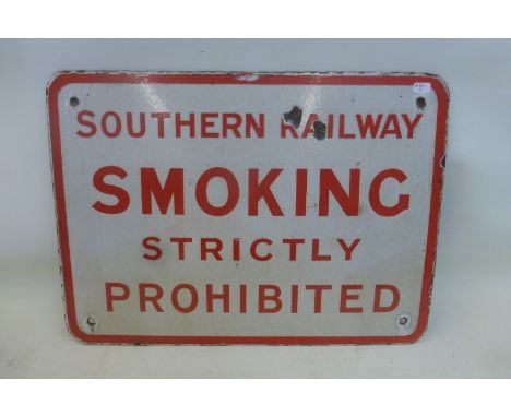 A small Southern Railway Smoking Strictly Prohibited rectangular enamel sign, 16 1/2 x 12". 