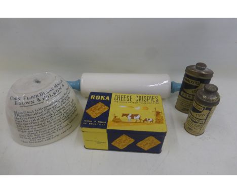 A Brown & Polson's Blanc-Mange bowl, a Roka Cheese Crisps tin, two Walker's foot powder tins and a pottery rolling pin.