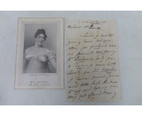 A signed letter from Mrs Julia Glover (1779-1850), May 2nd 1841, Theatre Royal Bath, with an engraved portrait.