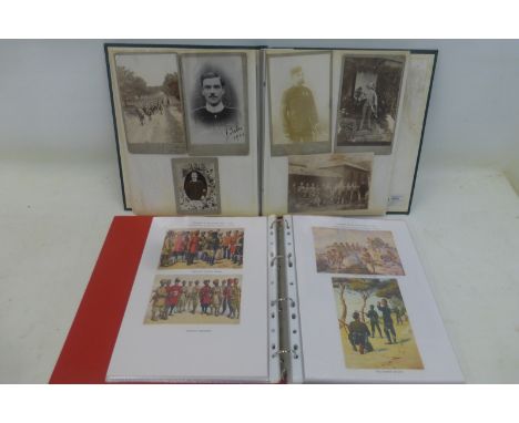 An album of 37 military CDVs, postcards and photographs with an album of 48 postcards of British Army uniforms in the Napoleo