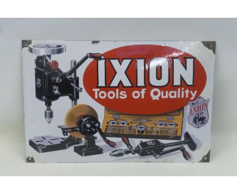 An unusual convex pictorial enamel sign advertising Ixion tools, with some restoration to the corners, 19 1/2 x 13".