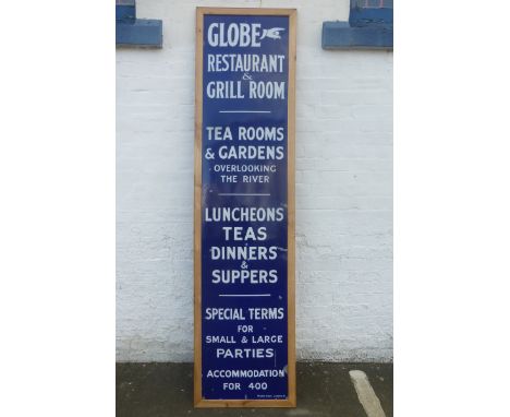 A good Globe Restaurant & Grill Room rectangular enamel sign advertising tea rooms and gardens overlooking the river, by Fran