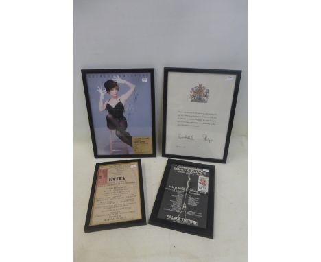 A framed and glazed Shirley Maclaine signed photograph, with a ticket for an evening event 1982 and three further framed and 