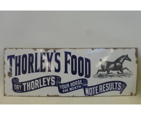A good Thorley's Food part pictorial rectangular enamel sign with 'trotting horse' image, by Wood & Penfold Ltd in very good 