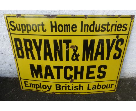 A large Bryant & May's Matches - Support home industries, employ British Labour rectangular enamel sign by Patent Enamel, 48 