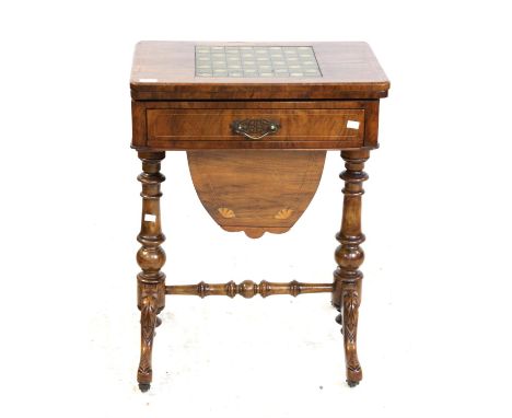 Late Victorian walnut work table with inset green leather chess top, swivel top card table, single drawer, bag under on turne