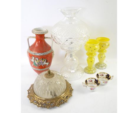 Cut glass table lamp and shade, decorative vases, plated items, other metalware and decorative items
