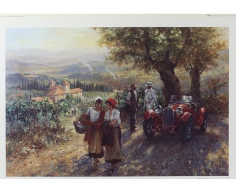 Framed Grand Prix Sportique print depicting southern European landscape, with villagers and sportscar to foreground. Frame si