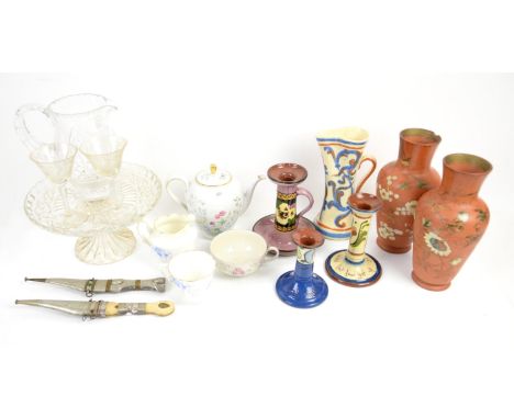 Collection of Torquay ware, to include a pair of Watcombe Torquay Pottery vase, h22cm, candlestick, h16cm, milk jug, h11.5cm,