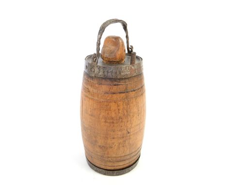 19th century barrel canteen flask with pouring spout and naïve wooden stopper, 28.5cm 