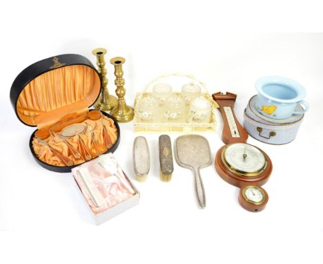 Silver backed clothes brush, another and a hand mirror both marked 835, cased manicure set, child's sterling silver brush and