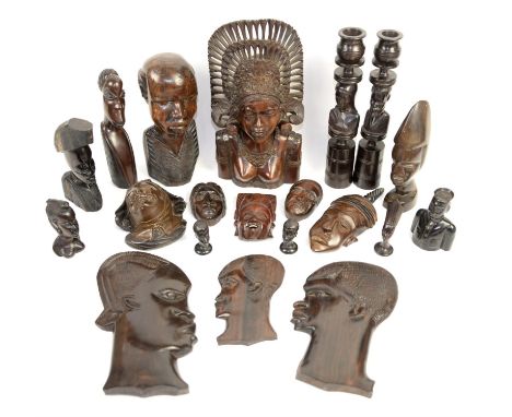 Collection of carved hardwood busts, to include a large hardwood bust of a lady with elaborate headdress, 31cm high, African 