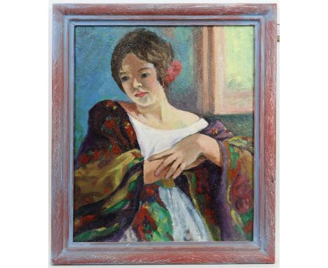 20th century English School. Portrait of a lady at a window, oil on board, unsigned 45x37 cm. Seascape with boats, oil on boa