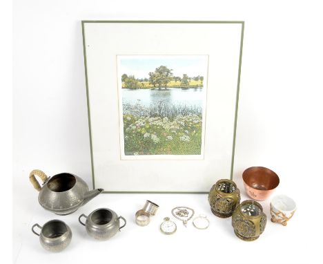 Silver serviette rings, bangle and jewellery, pocket watch, pewter, copper and brass items, together with a porcelain cup and