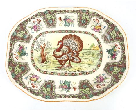 Spode "Turkey" meat plate, 46cm x 48cm, Willow pattern serving plate, glass decanters, glasses, plated punch bowl, Chinese ha